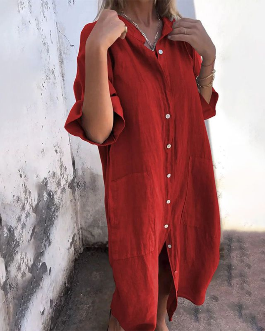 Women's Boho Shirt Dress - Bohemian Long Sleeve Midi Dress
