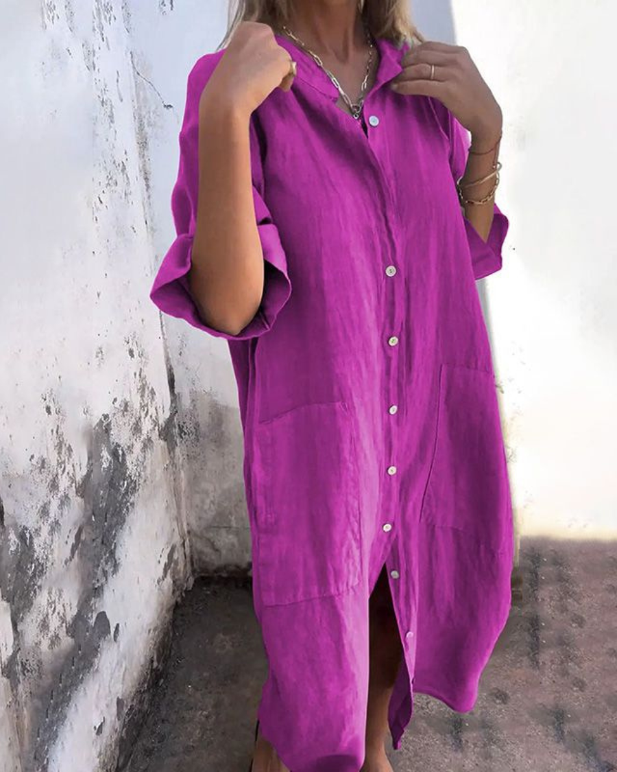 Women's Boho Shirt Dress - Bohemian Long Sleeve Midi Dress
