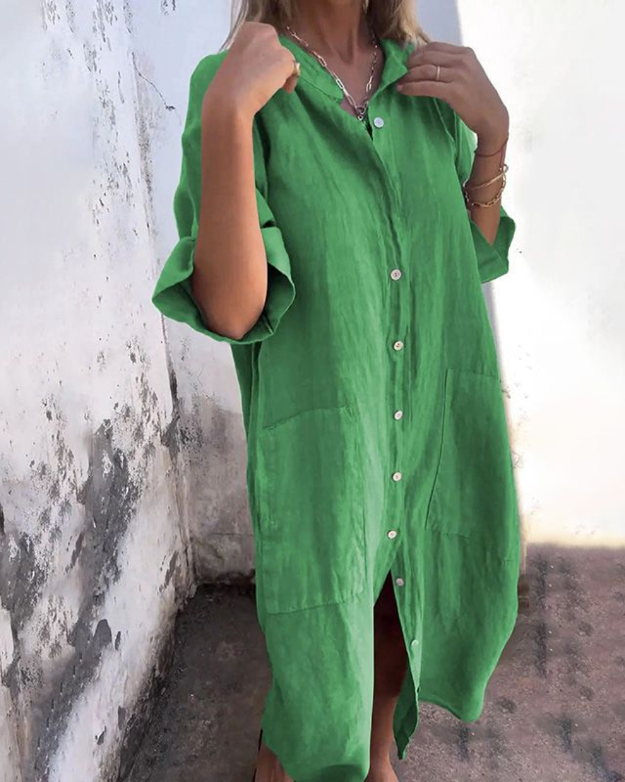 Women's Boho Shirt Dress - Bohemian Long Sleeve Midi Dress