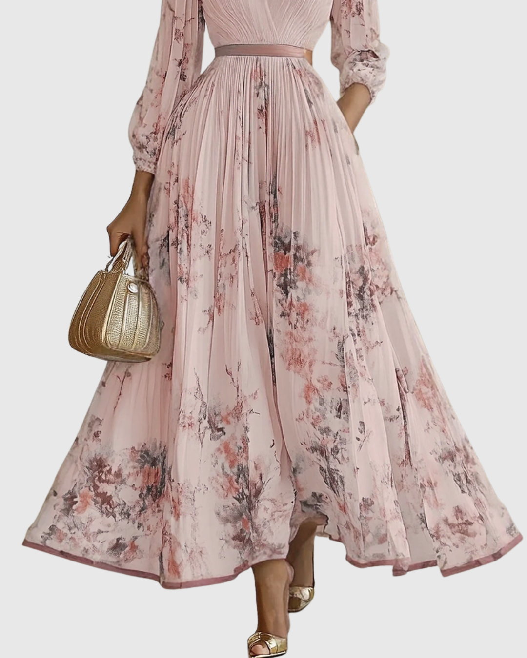 Greta - Women's Pleated V-Neck Long Sleeve Maxi Dress