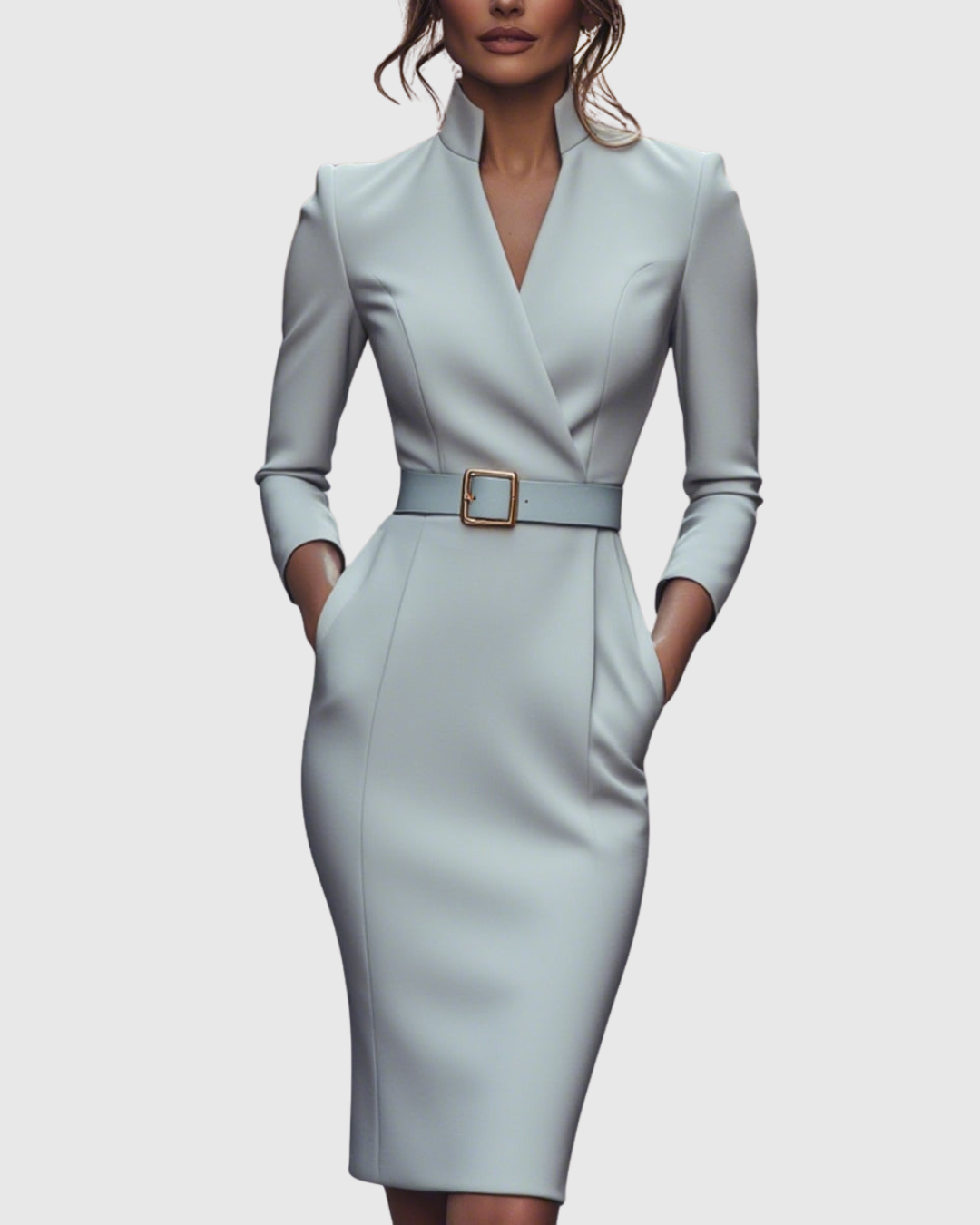 Maya - Women's Mock Wrap V-Neck 3/4 Sleeve Midi Dress