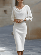 Women's White Draped Batwing Midi Dress - Knit Bodycon
