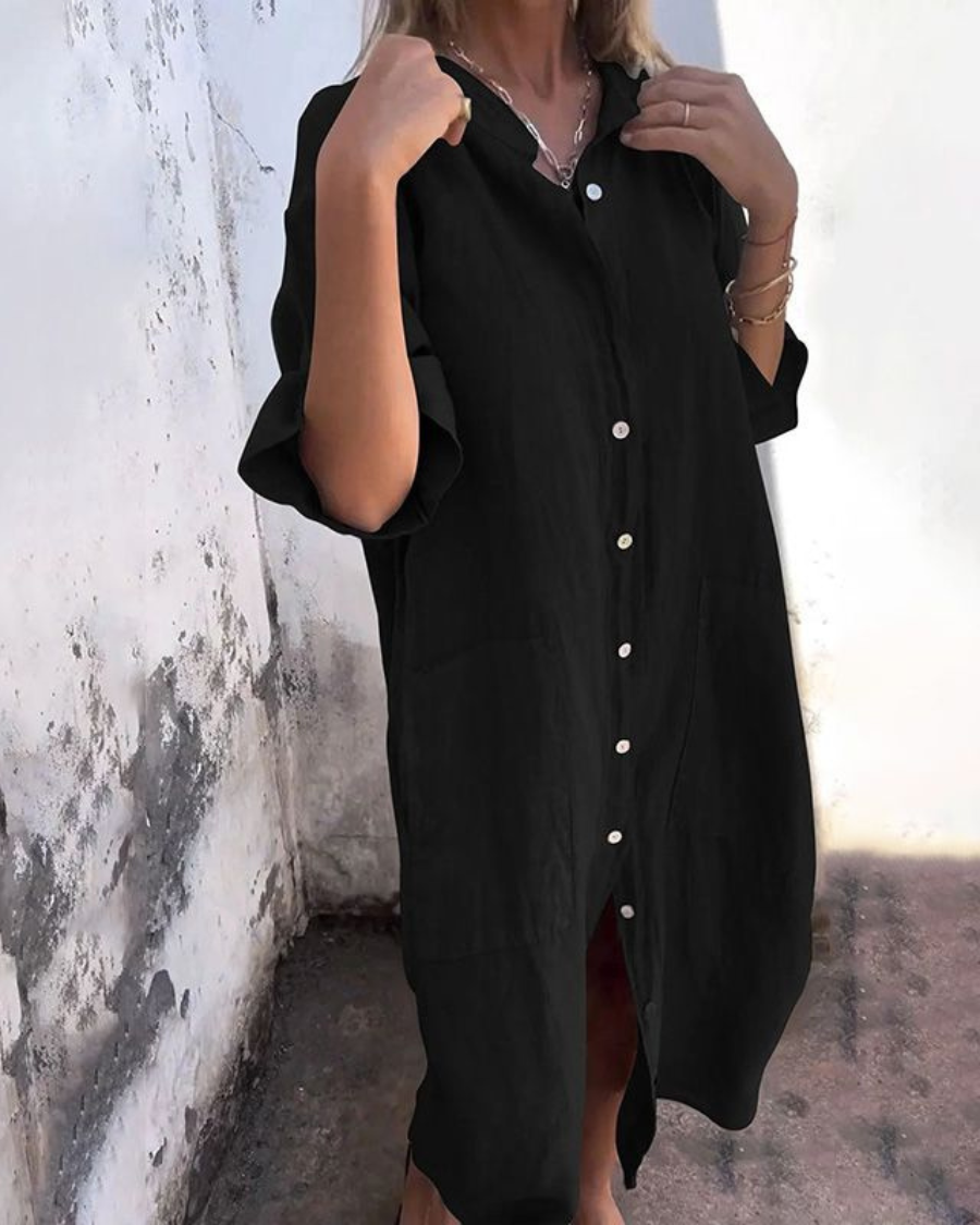 Women's Boho Shirt Dress - Bohemian Long Sleeve Midi Dress