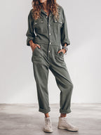 Women's Sage Green Utility Jumpsuit - Long Sleeve Button-Front