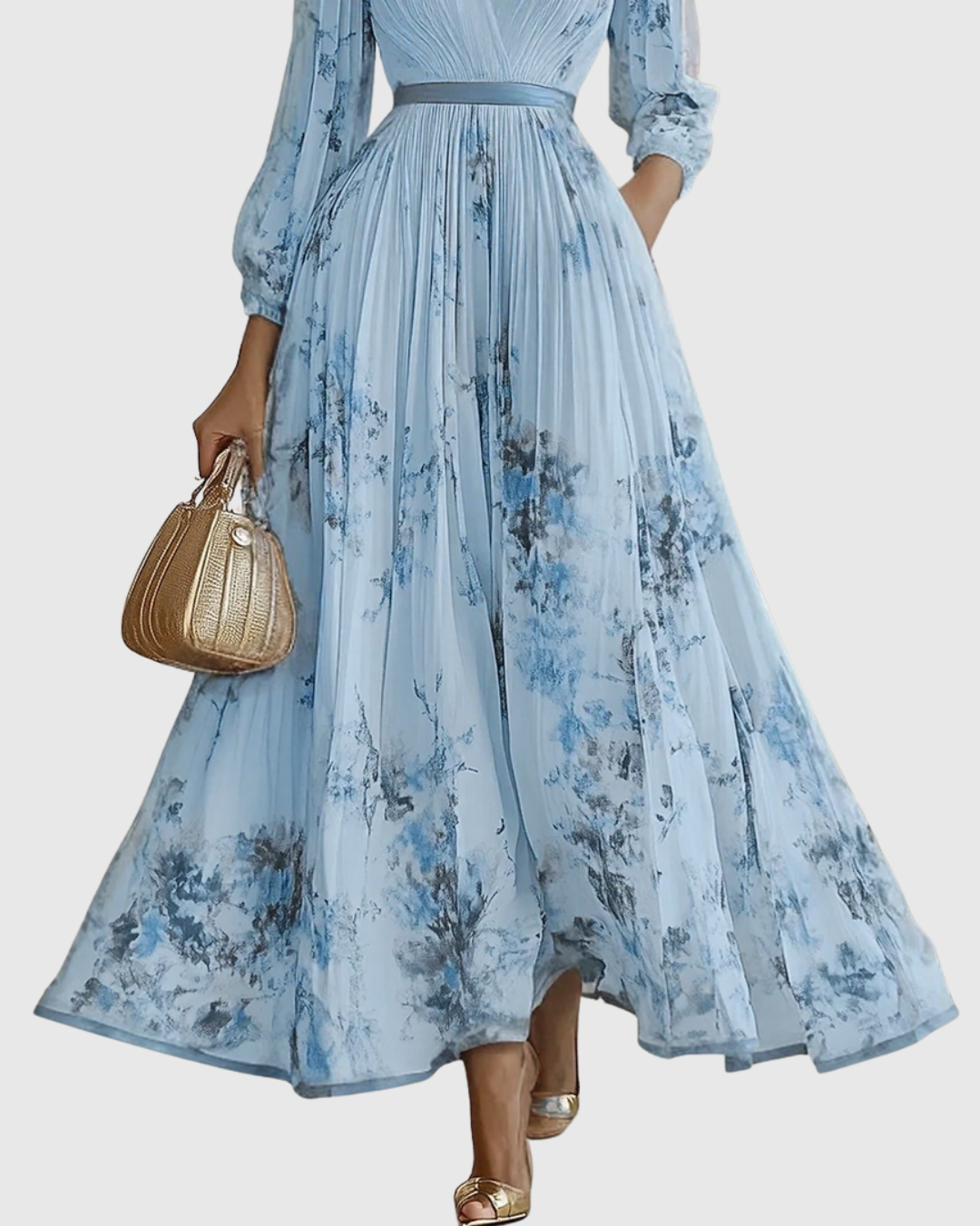 Greta - Women's Pleated V-Neck Long Sleeve Maxi Dress