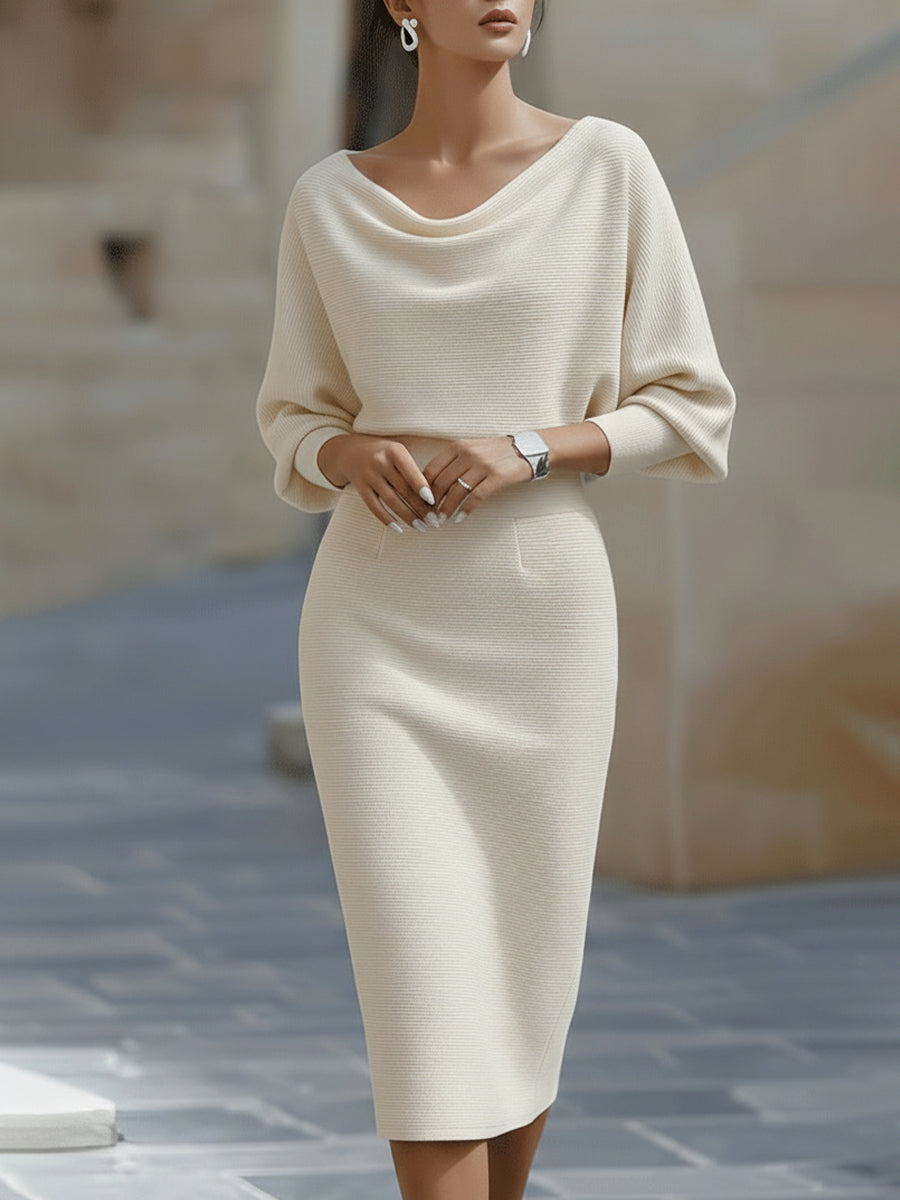 Women's White Draped Batwing Midi Dress - Knit Bodycon
