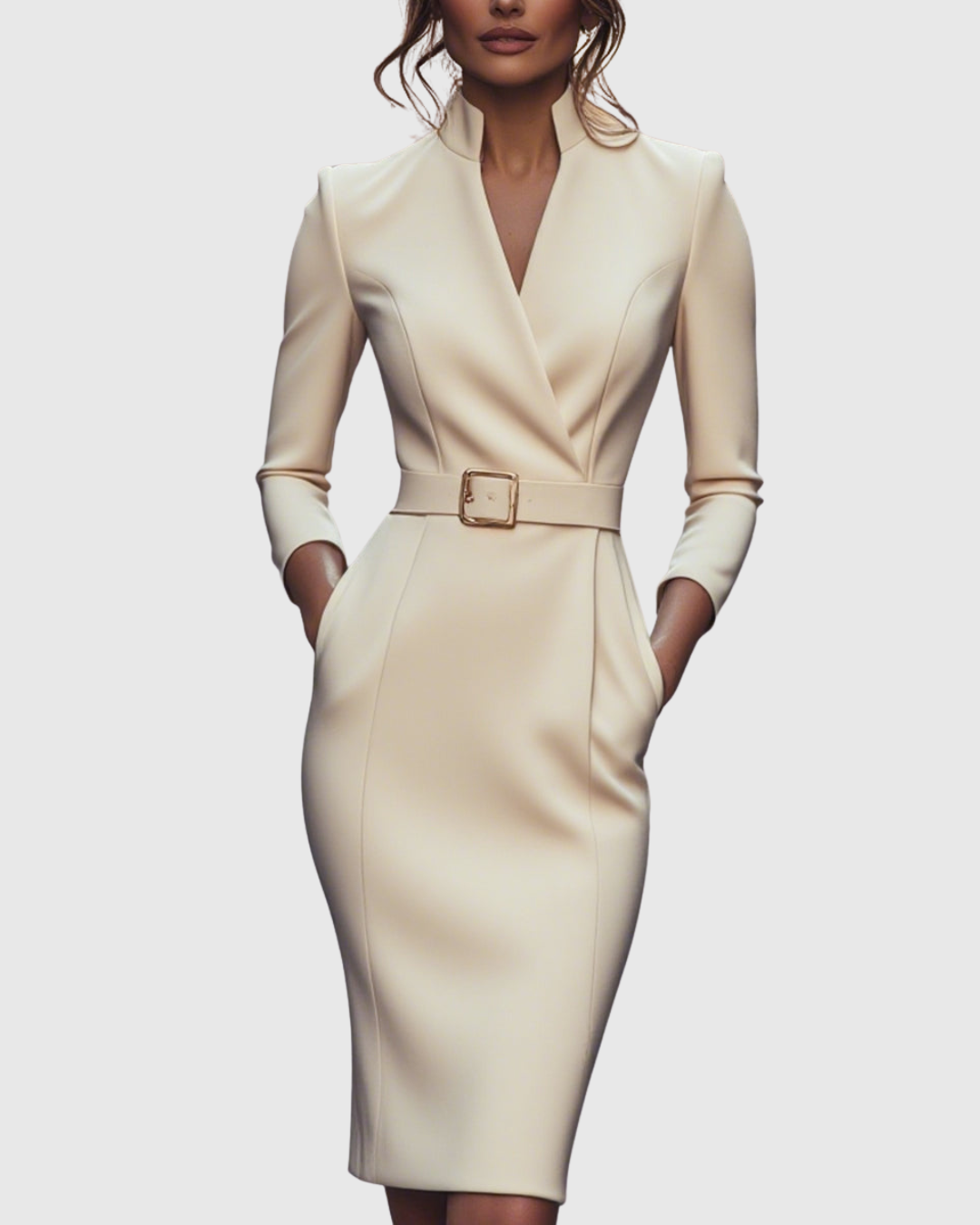 Maya - Women's Mock Wrap V-Neck 3/4 Sleeve Midi Dress