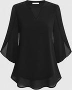 Women's Teal Chiffon Blouse - Notched V-Neck Flared Sleeves