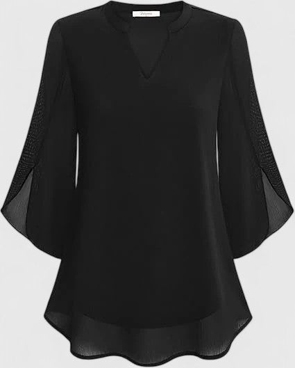 Women's Teal Chiffon Blouse - Notched V-Neck Flared Sleeves