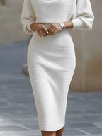 Women's White Draped Batwing Midi Dress - Knit Bodycon