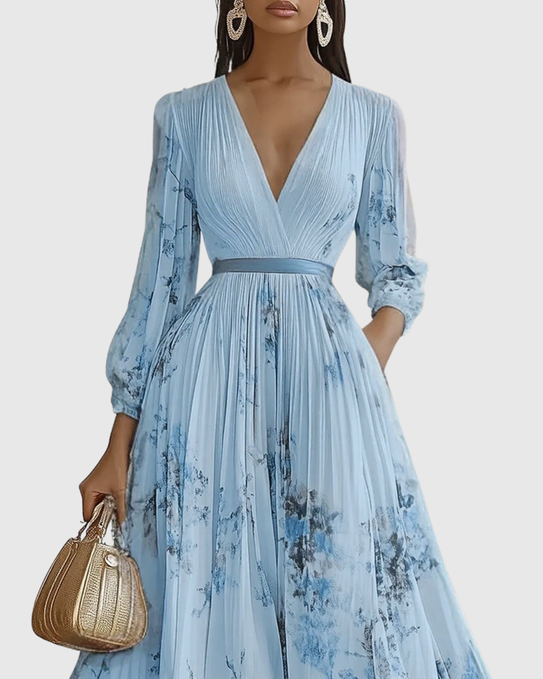 Greta - Women's Pleated V-Neck Long Sleeve Maxi Dress