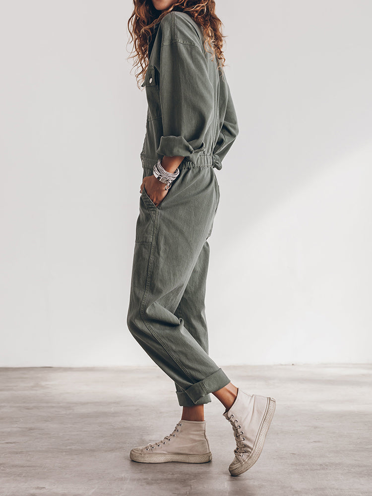 Women's Sage Green Utility Jumpsuit - Long Sleeve Button-Front