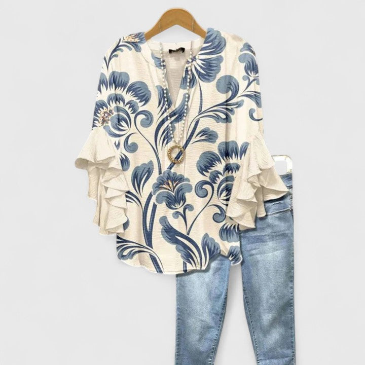 Women's Floral Print Blouse - Ruffled Bell Sleeves Cream