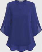 Women's Teal Chiffon Blouse - Notched V-Neck Flared Sleeves