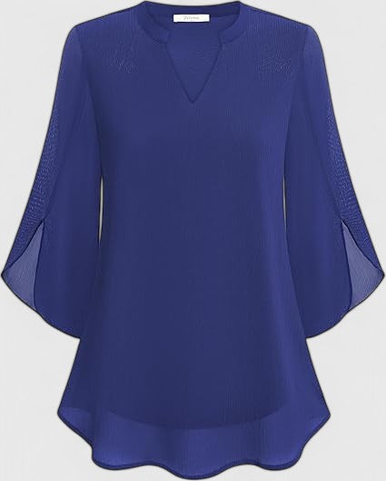 Women's Teal Chiffon Blouse - Notched V-Neck Flared Sleeves