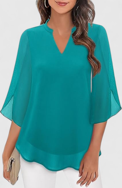 Women's Teal Chiffon Blouse - Notched V-Neck Flared Sleeves