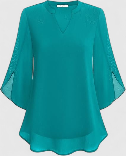 Women's Teal Chiffon Blouse - Notched V-Neck Flared Sleeves