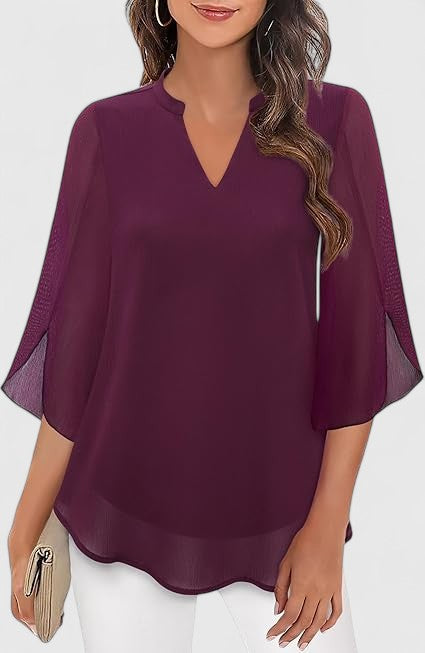 Women's Teal Chiffon Blouse - Notched V-Neck Flared Sleeves