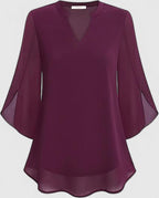 Women's Teal Chiffon Blouse - Notched V-Neck Flared Sleeves