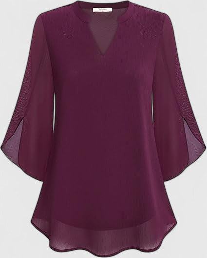 Women's Teal Chiffon Blouse - Notched V-Neck Flared Sleeves