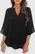 Women's Teal Chiffon Blouse - Notched V-Neck Flared Sleeves