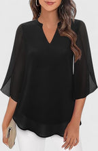 Women's Teal Chiffon Blouse - Notched V-Neck Flared Sleeves