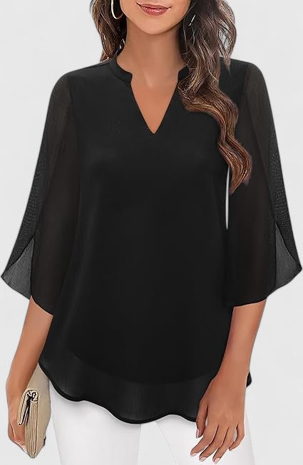 Women's Teal Chiffon Blouse - Notched V-Neck Flared Sleeves