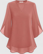 Women's Teal Chiffon Blouse - Notched V-Neck Flared Sleeves