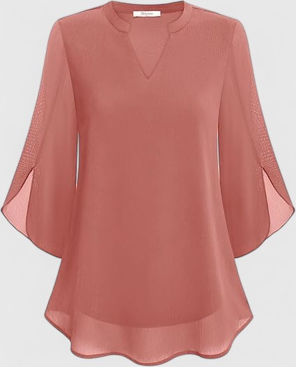 Women's Teal Chiffon Blouse - Notched V-Neck Flared Sleeves