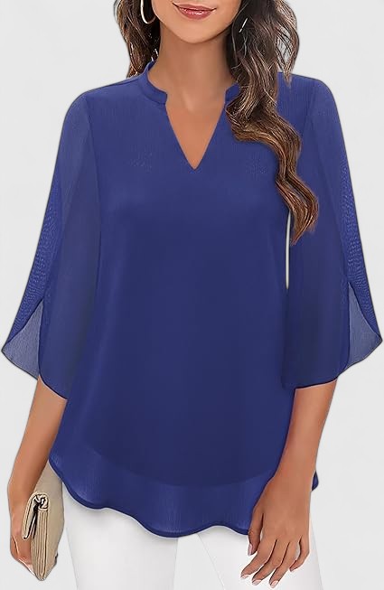 Women's Teal Chiffon Blouse - Notched V-Neck Flared Sleeves