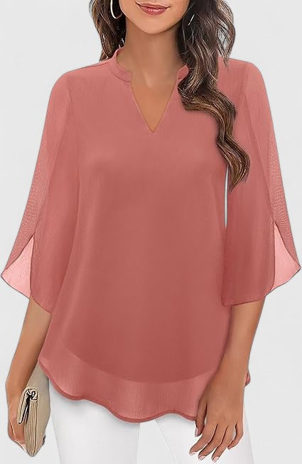 Women's Teal Chiffon Blouse - Notched V-Neck Flared Sleeves
