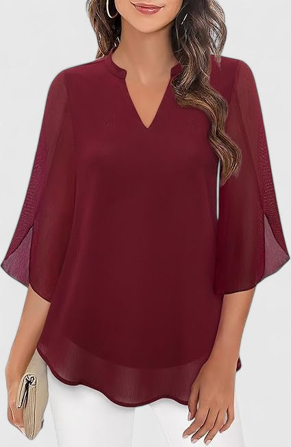 Women's Teal Chiffon Blouse - Notched V-Neck Flared Sleeves