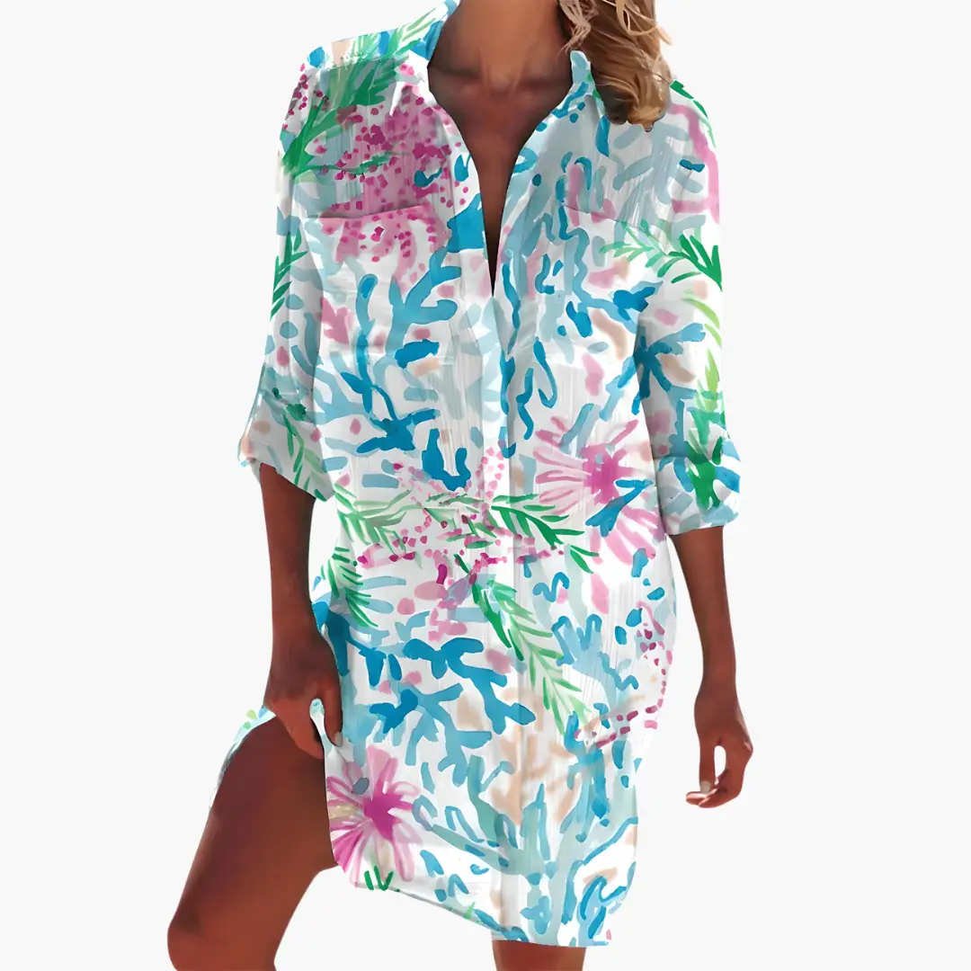 Women's Floral Long Sleeve Button-Front Shirt Dress