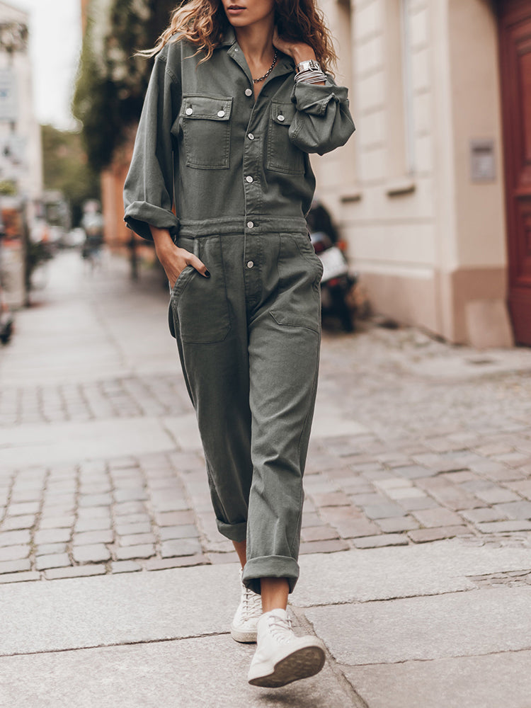 Women's Sage Green Utility Jumpsuit - Long Sleeve Button-Front