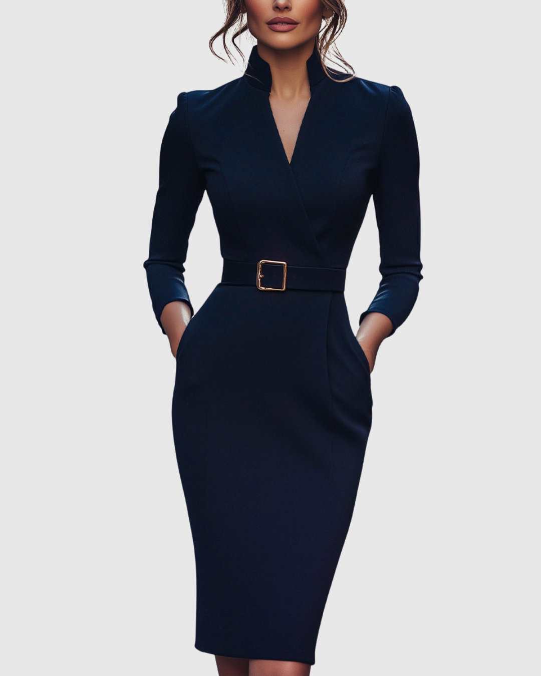 Maya - Women's Mock Wrap V-Neck 3/4 Sleeve Midi Dress