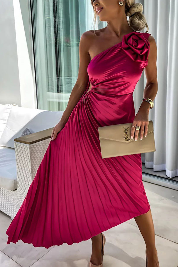 Ophelia - Women's Pleated One Shoulder Midi Dress