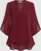Women's Teal Chiffon Blouse - Notched V-Neck Flared Sleeves