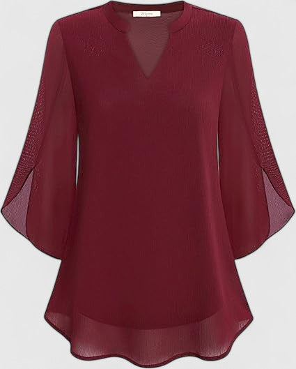 Women's Teal Chiffon Blouse - Notched V-Neck Flared Sleeves