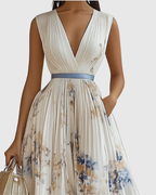 Greta - Women's Pleated V-Neck Long Sleeve Maxi Dress