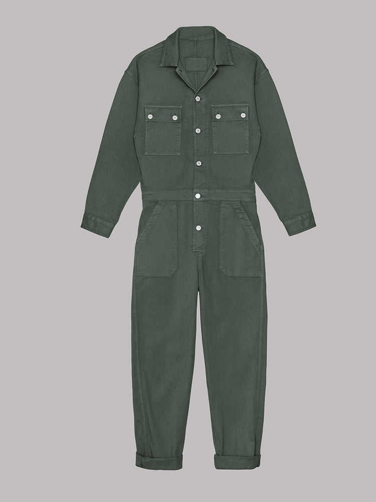 Women's Sage Green Utility Jumpsuit - Long Sleeve Button-Front