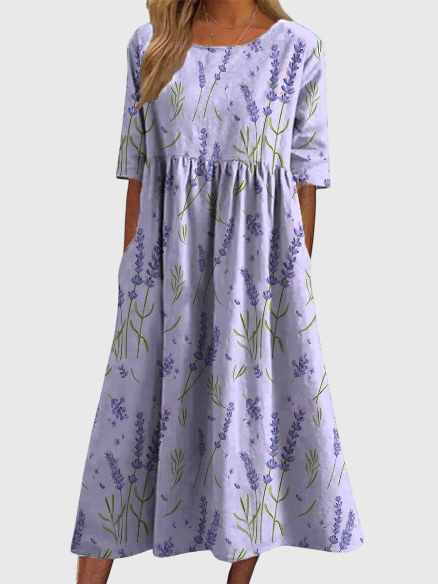 Women's Navy Floral Print Midi Dress - Short Sleeve