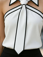Women's Halter Neck Blouse - White with Black Contrast Trim