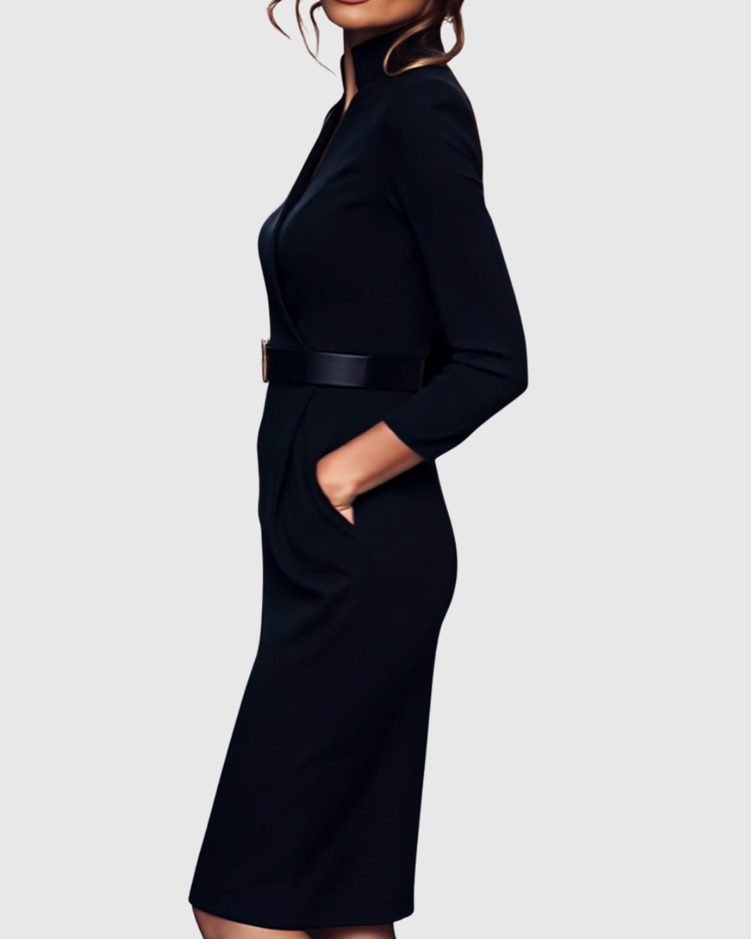 Maya - Women's Mock Wrap V-Neck 3/4 Sleeve Midi Dress