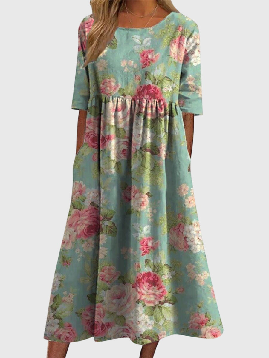 Women's Navy Floral Print Midi Dress - Short Sleeve