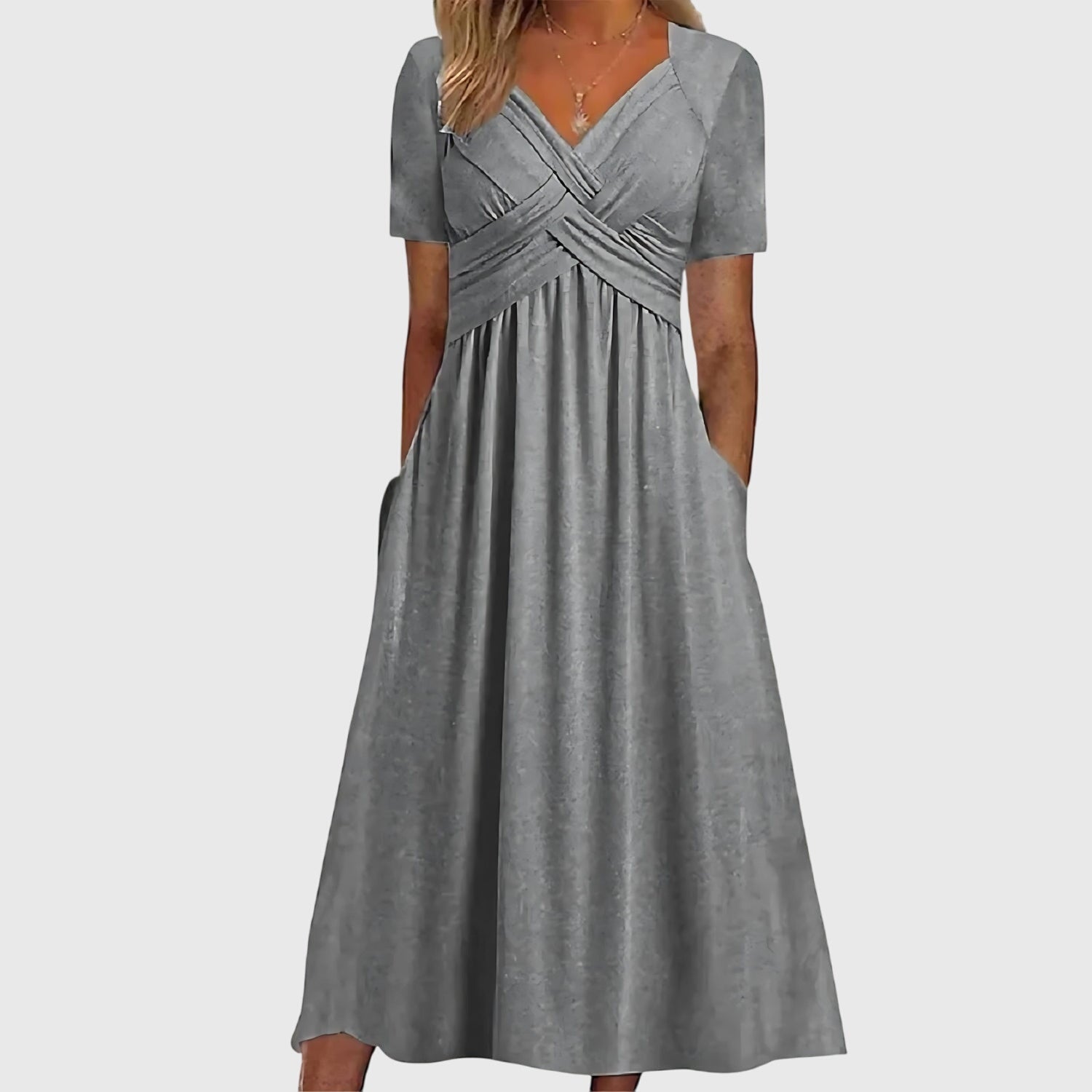 Women's Cornflower Blue Midi Dress - Crossover V-Neck