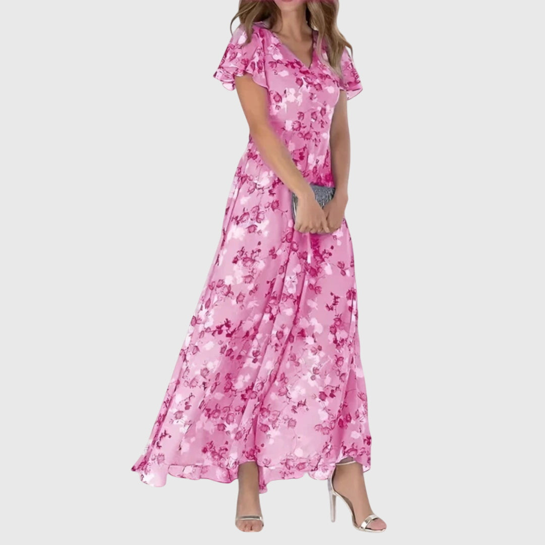 Kaia - Women's Floral Flowy V-Neck Maxi Dress