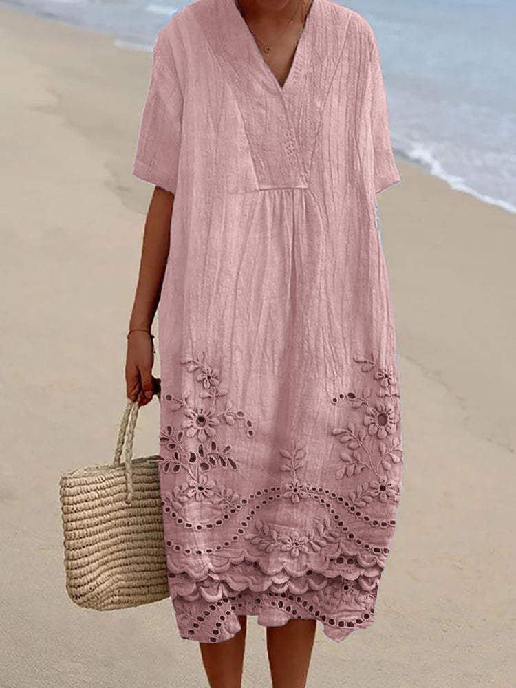 Women's White Embroidered Cotton Summer Dress - Eyelet Hem