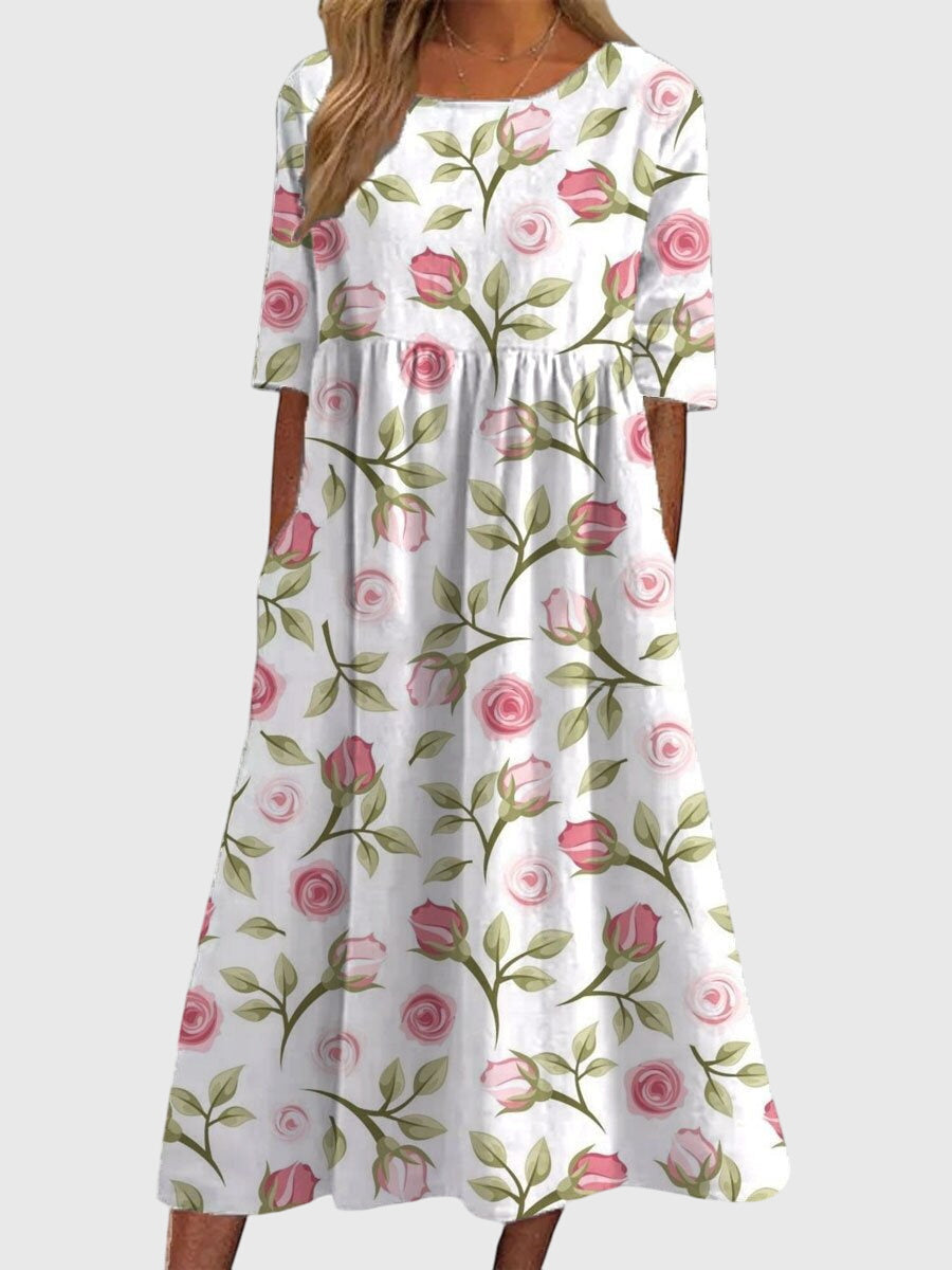 Women's Navy Floral Print Midi Dress - Short Sleeve