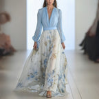 Women's Light Blue Chiffon Maxi Dress - Floral Skirt V-Neck