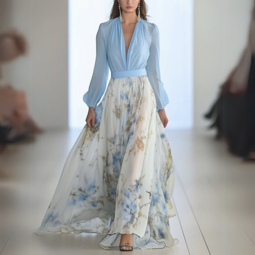 Women's Light Blue Chiffon Maxi Dress - Floral Skirt V-Neck